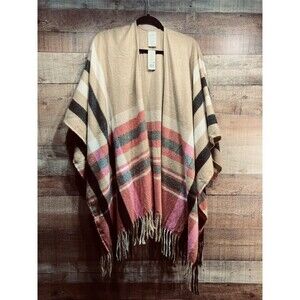 WOOLRICH Blanket Wrap ONE SIZE FITS ALL Poncho Plaid Fringe Boho Justine